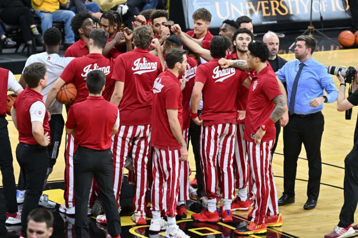 The Indiana Hoosiers gather before the game against the Iowa Hawkeyes at Carver-Hawkeye Arena.